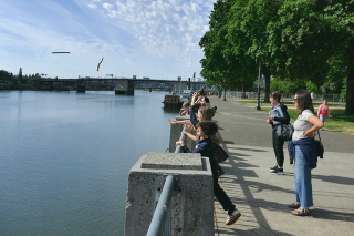 Kids and adults walking along the Willamette Rive